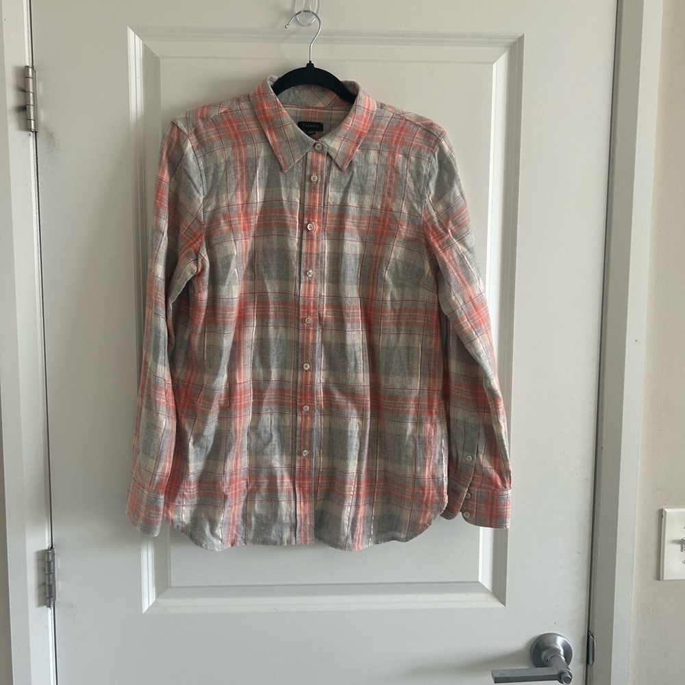 Talbots Metallic Button Front Shirt Dazzling Plaid, Coral And Grey , Siz…